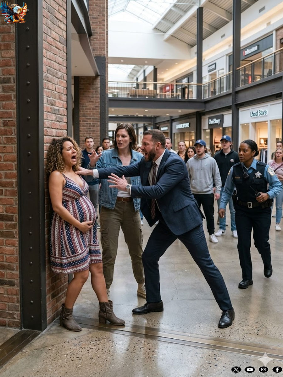 I never thought a shopping mall could turn into a courtroom. “Move,” my husband hissed, his fingers crushing my wrist. I tried to steady my belly. “Please—our baby—” I whispered. Then crack—his palm split my cheek in front of everyone. “Stop embarrassing me,” he spat, nodding at his mistress like she owned me. A security guard stepped in, calm, eyes burning. “Sir,” he said softly, “try that again.” I recognized that voice… and my blood went cold.