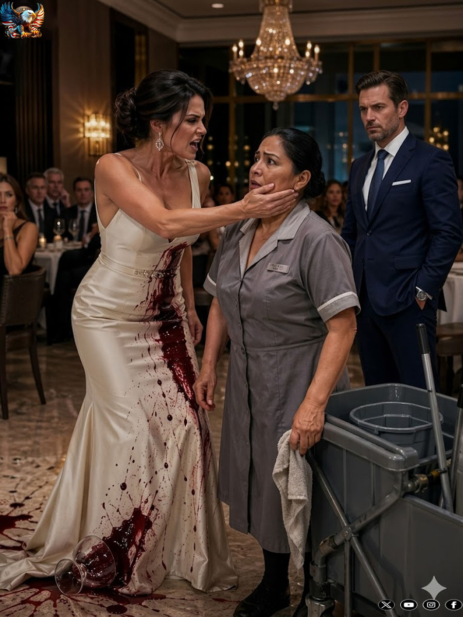 The cleaning woman refused to kneel before an arrogant billionaire couple at a luxury restaurant… just because she accidentally stained the wife’s designer dress. The woman slapped her across the face. But five minutes later, when a name was mentioned, her entire empire crumbled.