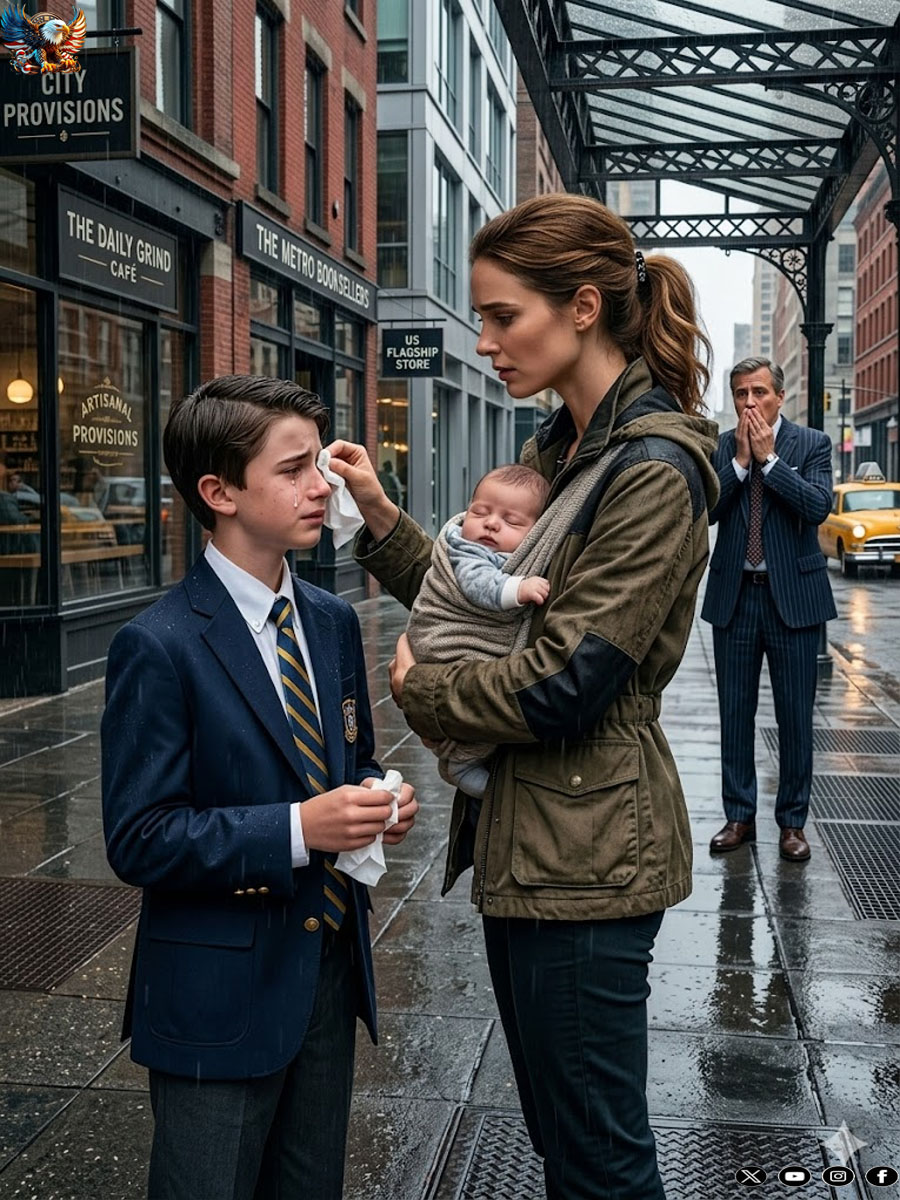 A humble mother cradled a crying child in the rain.