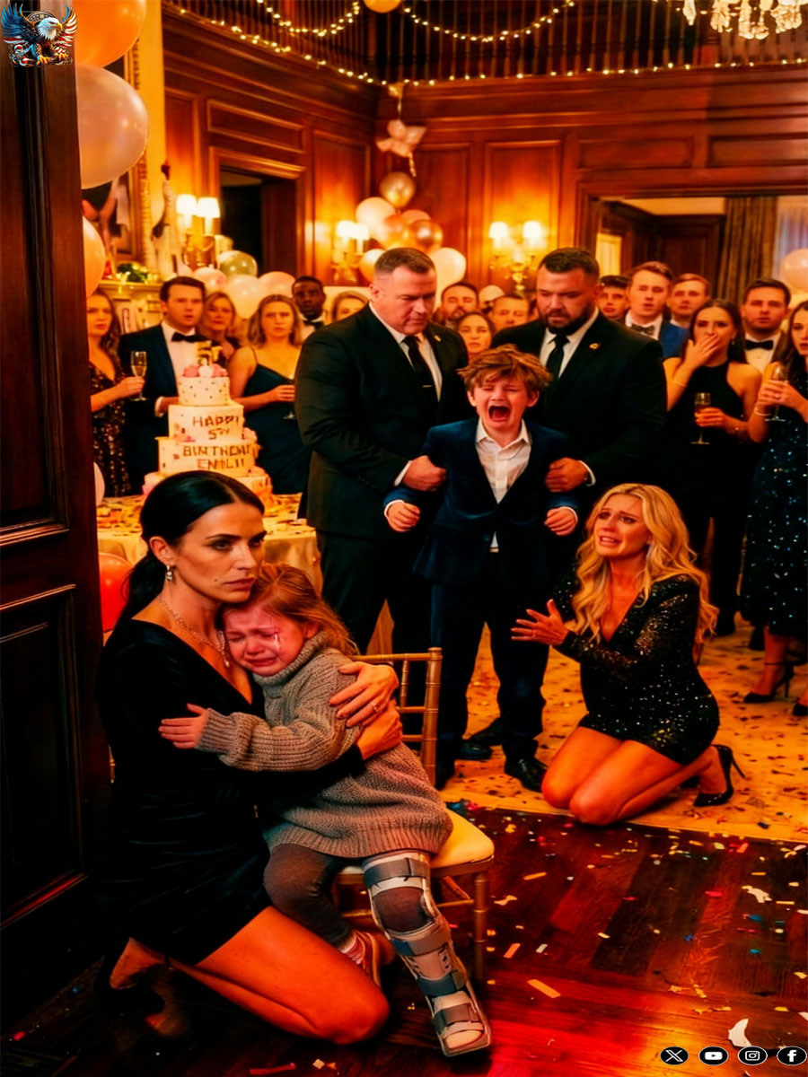 I returned from my law firm abroad to find my daughter sitting in a corner at her own birthday party, her leg in a cast and hidden away, tears streaming down her face. My sister whispered to me, “She fell, don’t ruin the party.” Then I saw my sister’s son wearing my daughter’s expensive jewelry, bragging that he had “pushed the loser down the basement stairs.” I didn’t make a scene. I simply walked up to the DJ’s microphone and announced… My sister’s smile didn’t just fade; it vanished.