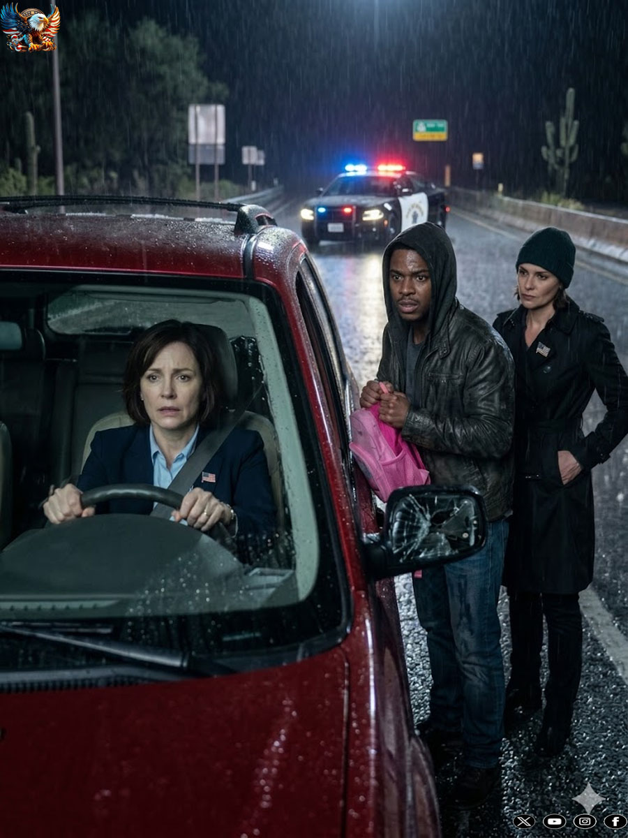 Heavy rain began without warning, pounding the highway into a silver blur. Victoria Hail, a respected judge known for her composure, held tightly to the wheel of her red SUV, her heart pounding as the car wobbled slightly.