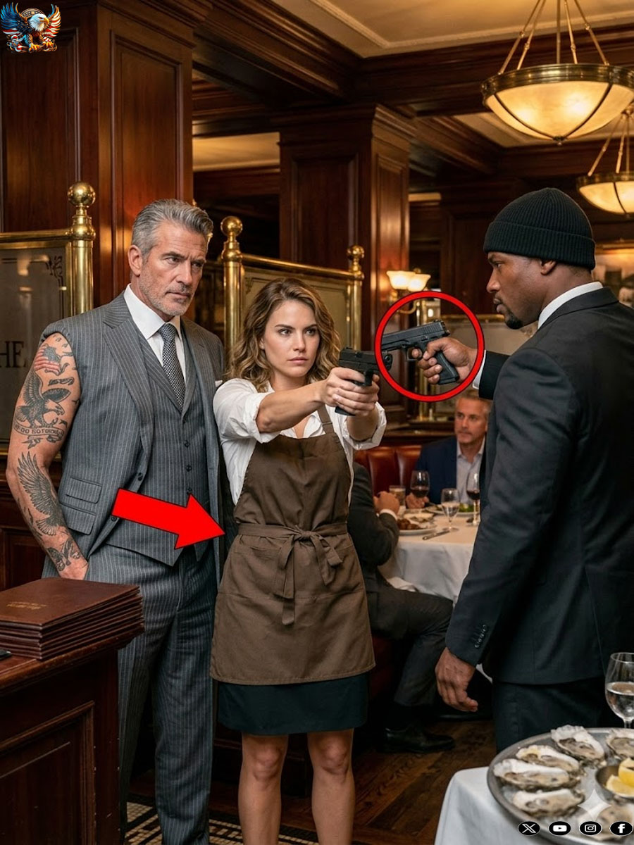 The mafia boss was surrounded by armed men, until the waitress snatched the weapon from him and fired first.