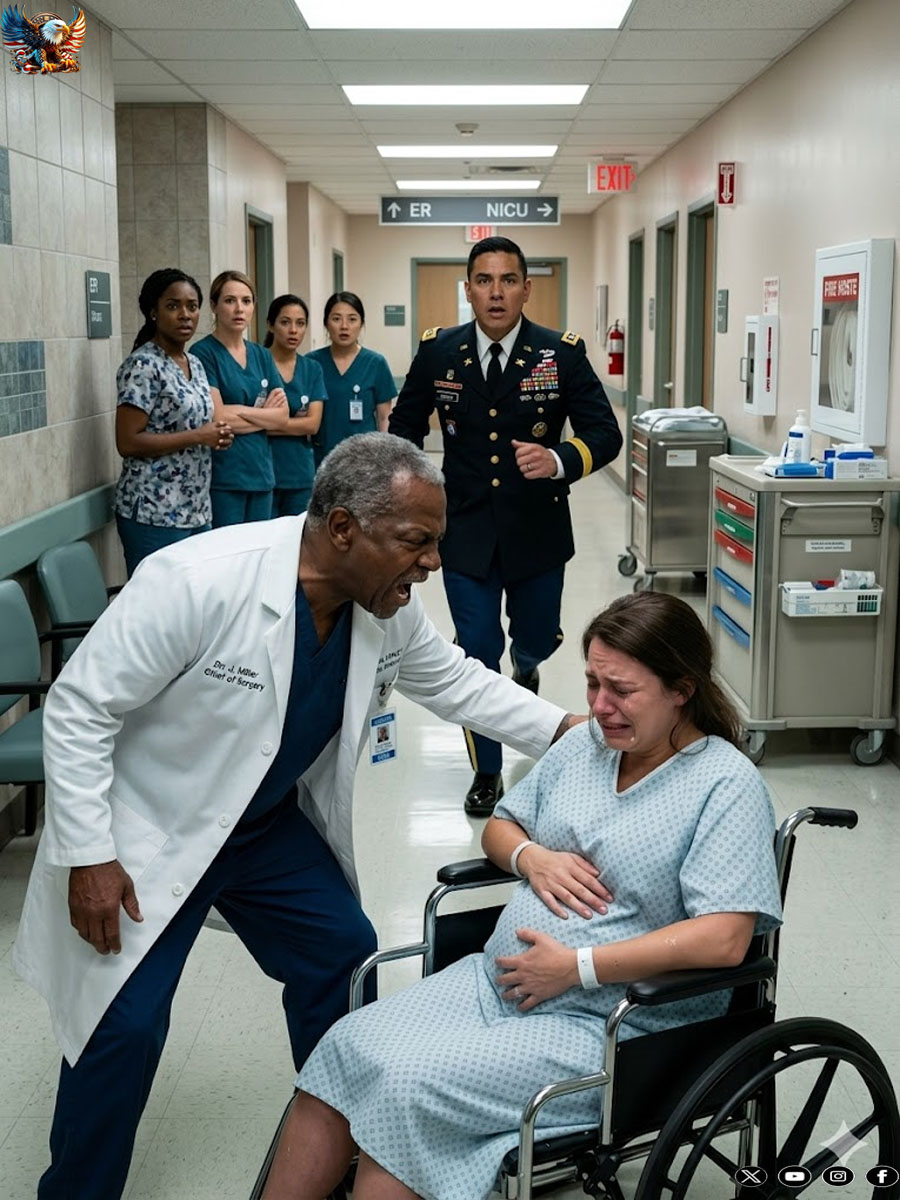 I’m eight months pregnant and drowning in debt. Because I was late paying for the ultrasound, I was slapped in a crowded hospital hallway by the Chief of Surgery, who roared, “MY HOSPITAL DOESN’T RUN ON CHARITY FOR BEGGARS!” before ordering security to throw me into the freezing rain. He thought I was acting… until the lobby doors burst open and my military fiancé appeared. The room fell silent as he tossed a black leather wallet onto the counter.