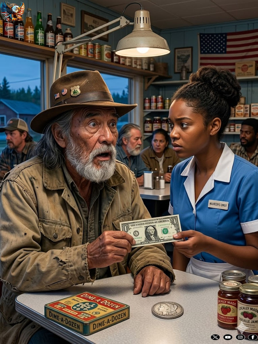 The five-dollar bill was old, wrinkled, and damp at the edges.  It slid across the diner table slowly, pushed by a trembling hand, and stopped in front of Naomi Brooks like a question no one else in the room would have understood.