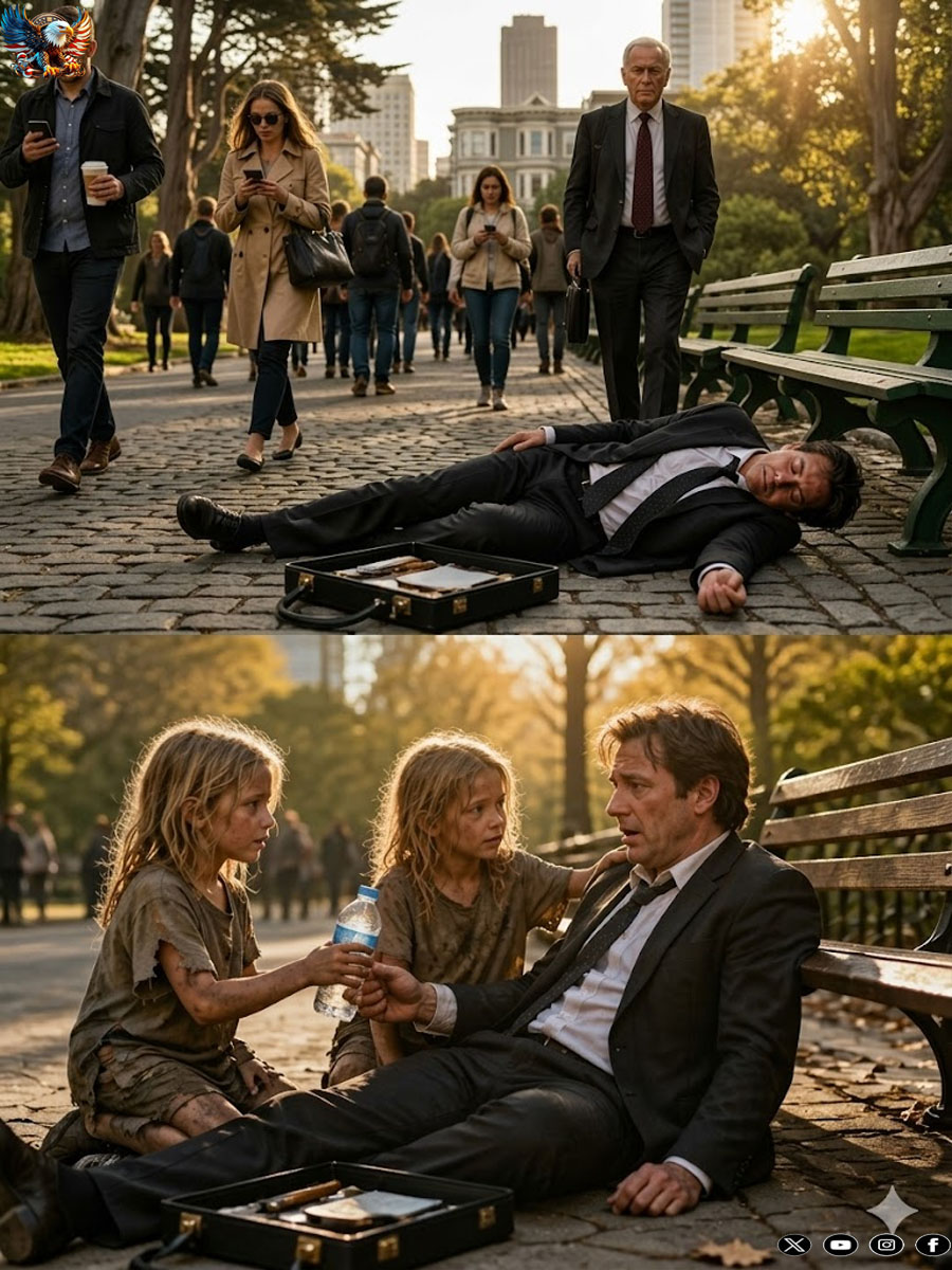 Billionaire collapsed in the park, but everyone just walked past without stopping… until two starving twin sisters ran to his rescue and asked for an impossible favor… and what happened next changed their lives forever