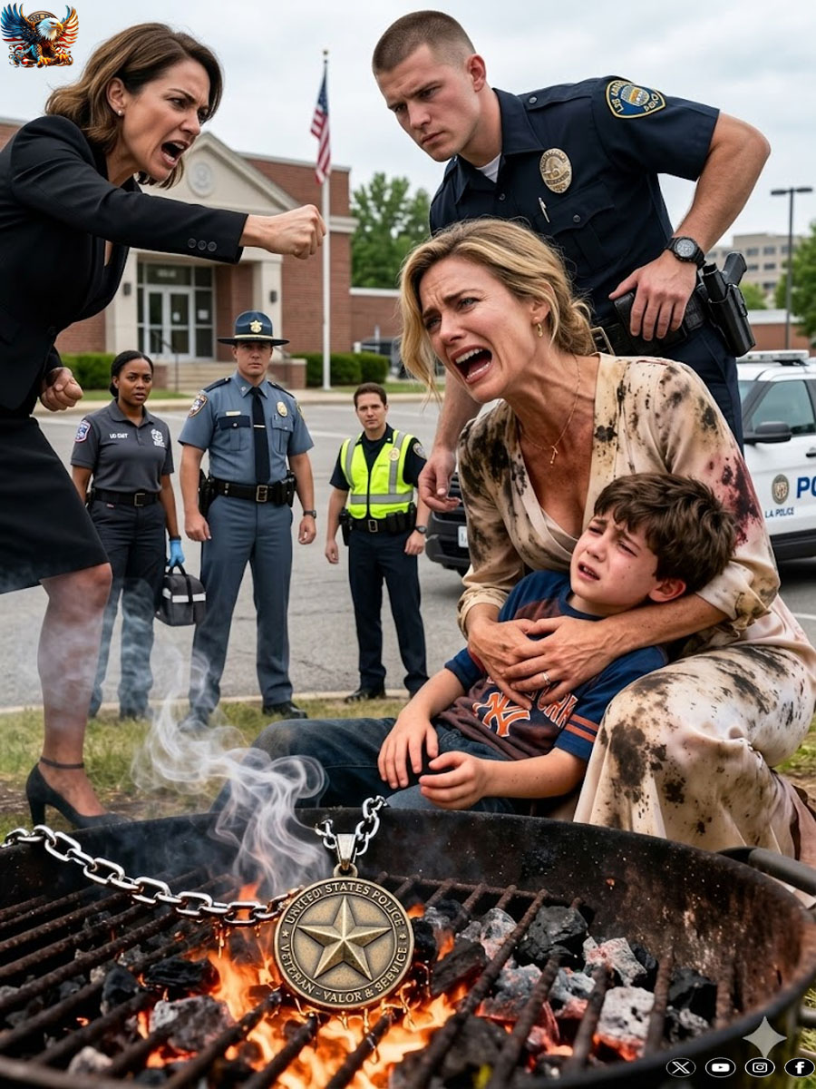 I never told my sister-in-law I was a four-star general. To her, I was just a “failure soldier,” while her father was the police chief. At a family BBQ, I saw my Silver Star medal thrown straight into the burning coals. My eight-year-old son screamed, “Aunt Sarah stole it from the cabinet!” The answer came instantly—a vicious slap across his face. “Shut up, you nosy little brat.” He collapsed to the ground, unconscious. She didn’t stop. “I’m sick of that fake glory. A medal for failure.” I called the police. She laughed until her father knelt and begged for forgiveness.