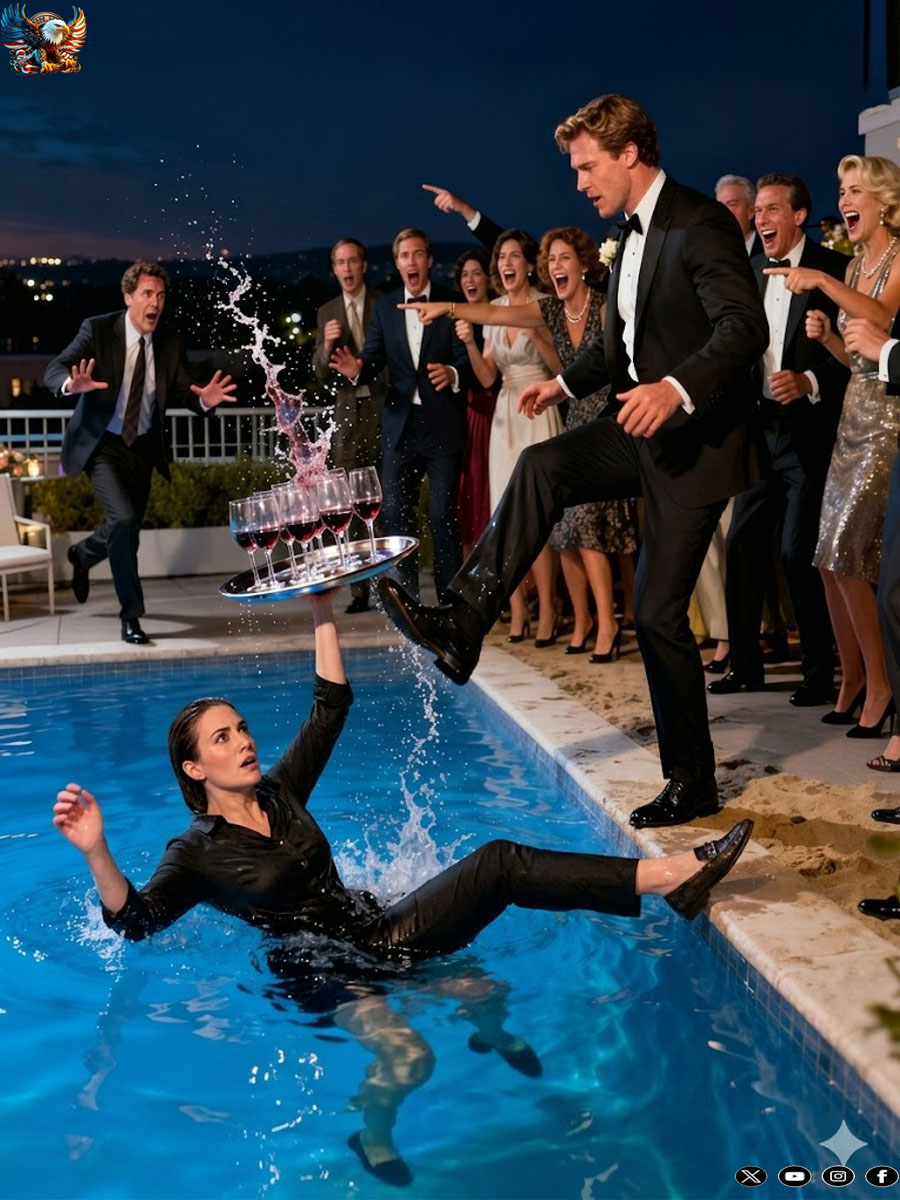 In the middle of the loud party, the poor waitress staggered under a tray full of glasses. A group of guests laughed at her and shoved her—she fell straight into the pool as laughter erupted everywhere. She struggled out of the water, soaked and shaking, while the crowd continued mocking her. At that moment, a man in a suit walked in. Every laugh died instantly when he spoke: “All of you… just lost your contract with me.” The atmosphere froze on the spot.