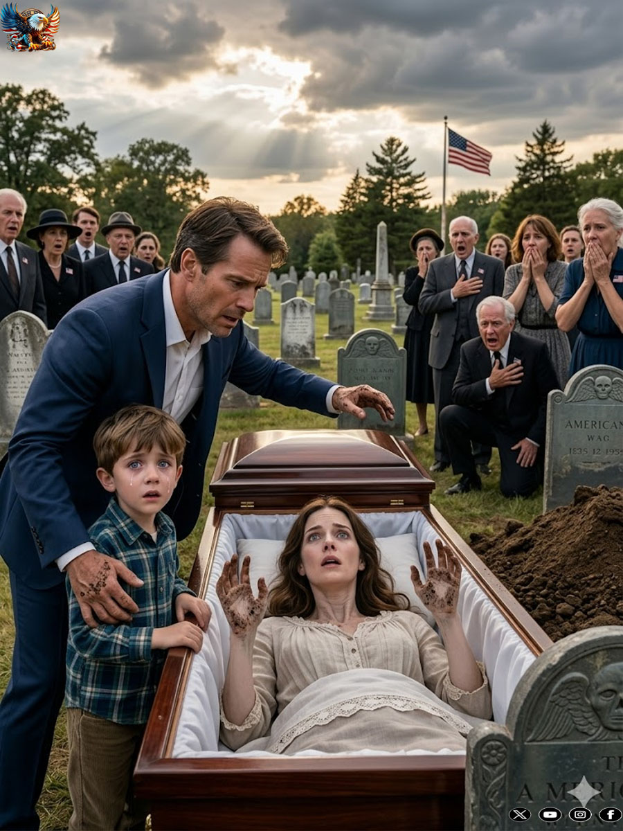 I had laid my wife to rest barely an hour when my 7-year-old son tugged my sleeve, whispering shakily, “Dad… Mom called me from inside the coffin.” I thought he was overwhelmed with grief, but the terror in his eyes made my heart sink. Without knowing why, I heard myself say, “Dig it up.” When the coffin lid swung open, everyone held their breath—because what we saw inside… changed everything.