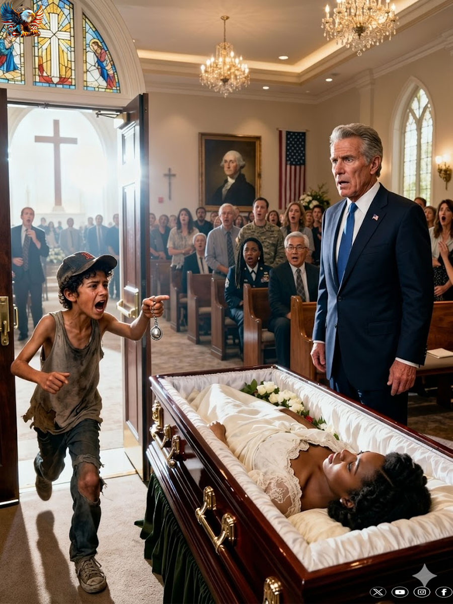 During the solemn funeral, as everyone bowed before the closed casket, a homeless Black boy burst in, panting, “Sir! Your daughter… she’s still alive!” The entire hall erupted in whispers. The billionaire froze, his hand trembling. “What… did you say?” The boy pulled a small object from his pocket and whispered, “She told me to give this to you. And not to trust anyone in your family.” The man’s face went pale—a devastating secret had just been unlocked…