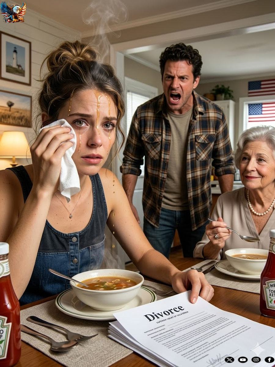 At the family dinner, my husband poured hot soup over my head while his mother laughed. Then he said, “You have ten minutes to get out of here.” I wiped my face, took some papers out of my purse, put them on the table, and said calmly, “You’re right. Ten minutes later…”