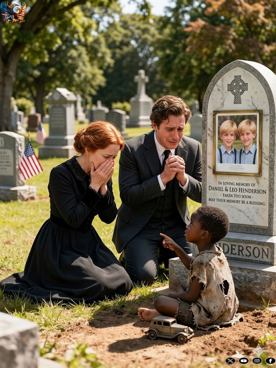 A homeless girl froze upon seeing a couple kneeling, shattered and weeping in front of the grave of their twin sons…
