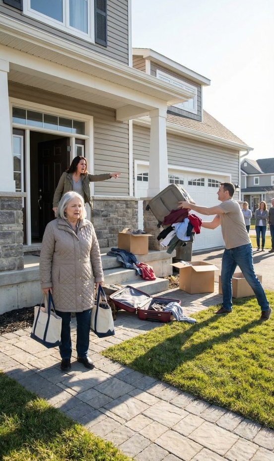 I stood frozen on my son’s porch as my suitcase burst open at my feet. ‘Get out, beggar!’ my daughter-in-law screamed, while my own son hurled the rest of my things into the yard like I meant nothing. I wanted to tell him the truth right then-that I made $80,000 a month and could buy every house on this street-but I stayed silent. A month later, when he saw my name across the street, everything changed
