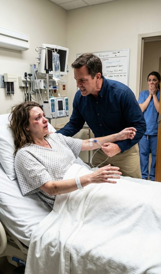 I thought surviving the car crash was the worst thing that could happen to me—until my husband burst into my hospital room, yanked out my IV, and hissed, ‘Get up. My mother’s birthday dinner won’t cook itself.’ I was still bleeding when he dragged me home. But the second the front door swung open, his grip loosened, his face went white, and for the first time… I saw real fear in his eyes.
