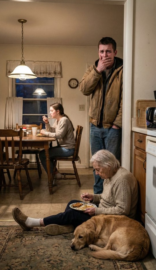 I came home early, expecting a quiet evening-then froze at the doorway. My 80-year-old mother was hunched on the cold floor, eating from a plate like she didn’t belong at the table. My fiancée looked up and snapped, ‘She’s old. She doesn’t need special treatment.’ My hands shook. ‘That’s my mother,’ I said. But the way Mom avoided my eyes told me this wasn’t the first time… and I was already too late.