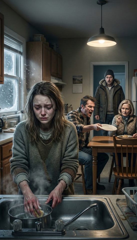 I visited my daughter without notice and was stunned! Her mother-in-law and husband were sitting and eating while she was washing dishes, shivering from the cold. Her husband snatched the plate from his mother’s hands and yelled, “Stop washing dishes, bring more food!” I quietly made a phone call. Five minutes later, everything had changed and…