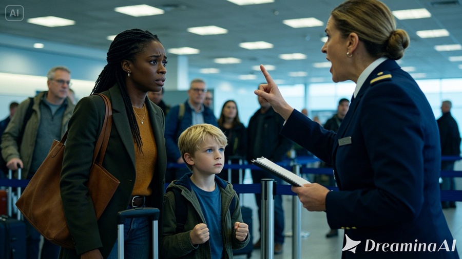 “She’s Not Your Mother”—The Gate Agent Sneered At The Black Stepmom Traveling With A 6-Year-Old Billionaire’s Son. The Boy Reached For The Microphone.