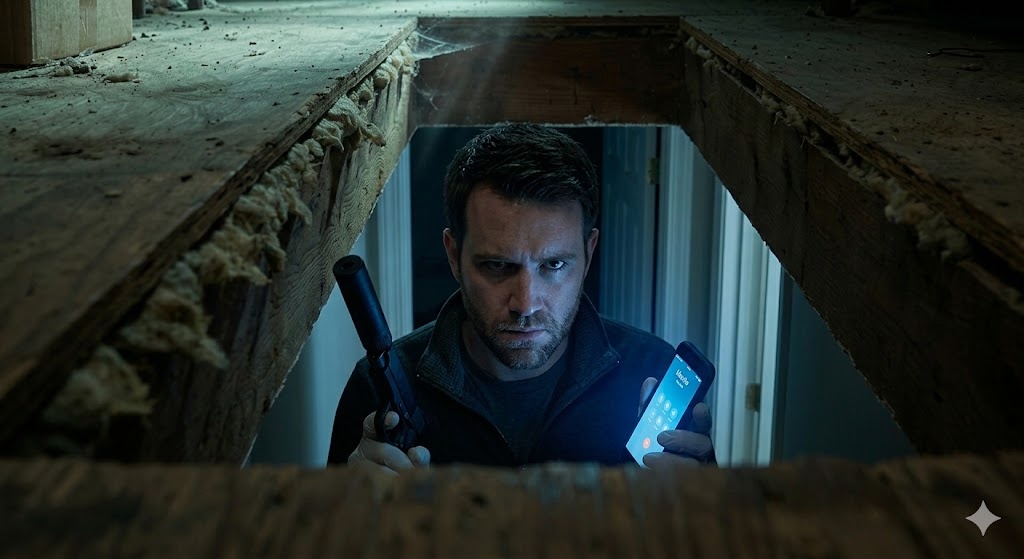 My oldest son called me at midnight. He works for the FBI: “Turn everything off. Go to the attic, lock the door, and don’t tell your son-in-law.” I whispered, “You’re scaring me.” He shouted, “Just do it!” I obeyed. Through a crack in the attic floor, I saw something that made my blood run cold.