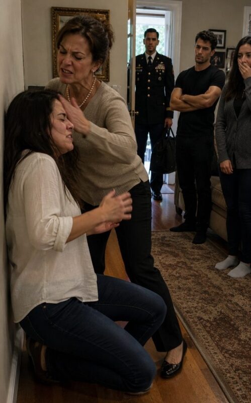 My Mother Hit Me So Hard I Crashed Into the Wall. My Sister-in-Law Spat at Me, and My Brother-in-Law Laughed and Called Me a Gold Digger, Thinking My Husband Was Still Overseas. But When the Front Door Opened and He Walked Into the Room, His Next Words Left Them Speechless with Horror.