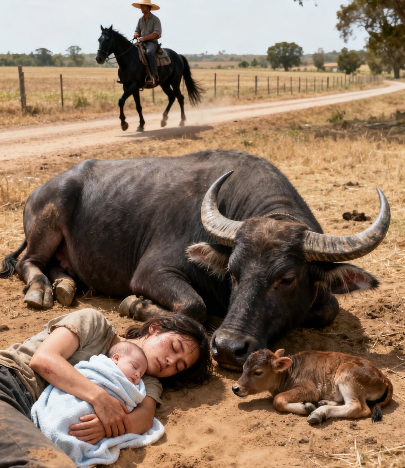 “A widowed farmer sees a young woman protected by …