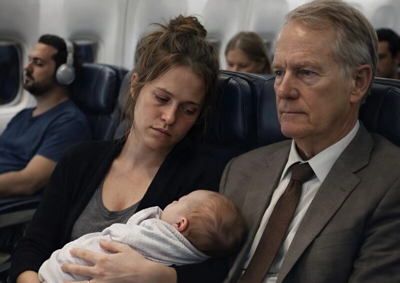 An exhausted mother, trying to calm her crying baby, accidentally fell asleep on the shoulder of the man sitting next to her from sheer fatigue: the man looked irritated, but what he did next shocked the entire plane