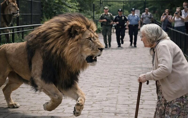 A lion escaped from the zoo and, after noticing an elderly woman in the park, stopped beside her; the snipers already had him in their sights, but at that exact moment, something unexpected happened