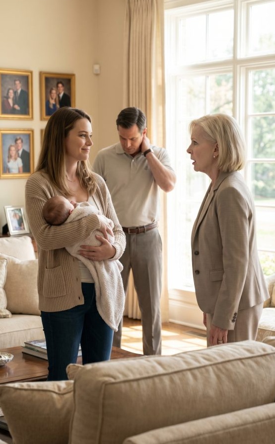 I was still holding my newborn when my mother-in-law sneered, “You don’t belong in this family photo. Leave.” My husband said nothing. Not one word. I smiled, looked her dead in the eye, and whispered, “Fine. But since this house is in my name, you have 24 hours to pack.” She thought I was weak. She had no idea that was the moment everything changed.