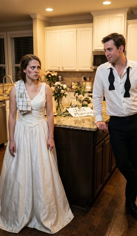 On our wedding night, my husband threw a dish rag in my face and said, “The cooking and cleaning are your job now. Don’t think you’re getting a free ride in my house.” I smiled, nodded, and let him believe I’d submit. But as I stood there in my wedding dress, staring at the man I had just married, I realized something terrifying this wasn’t a mistake. It was the first glimpse of who he really was… and he had no idea what I’d do next.