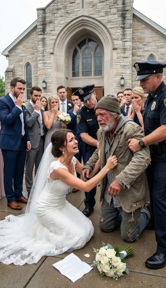 On my wedding day, a ragged man broke through the crowd and whispered, “Emma… please, let me hug you just once.” I froze. Then I saw his face and my blood ran cold. “Get him out of here!” I shouted. But when a letter fell from his pocket, everything I believed about my father shattered in an instant. I thought he abandoned me… until I learned what he had really sacrificed.
