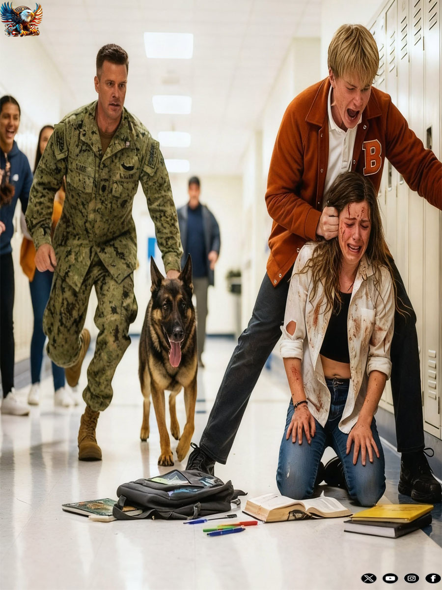 THE RICH KID CHOKED A VETERAN’S DAUGHTER IN A SCHOOL HALLWAY—THEN HER FATHER WALKED IN WITH HIS DOG