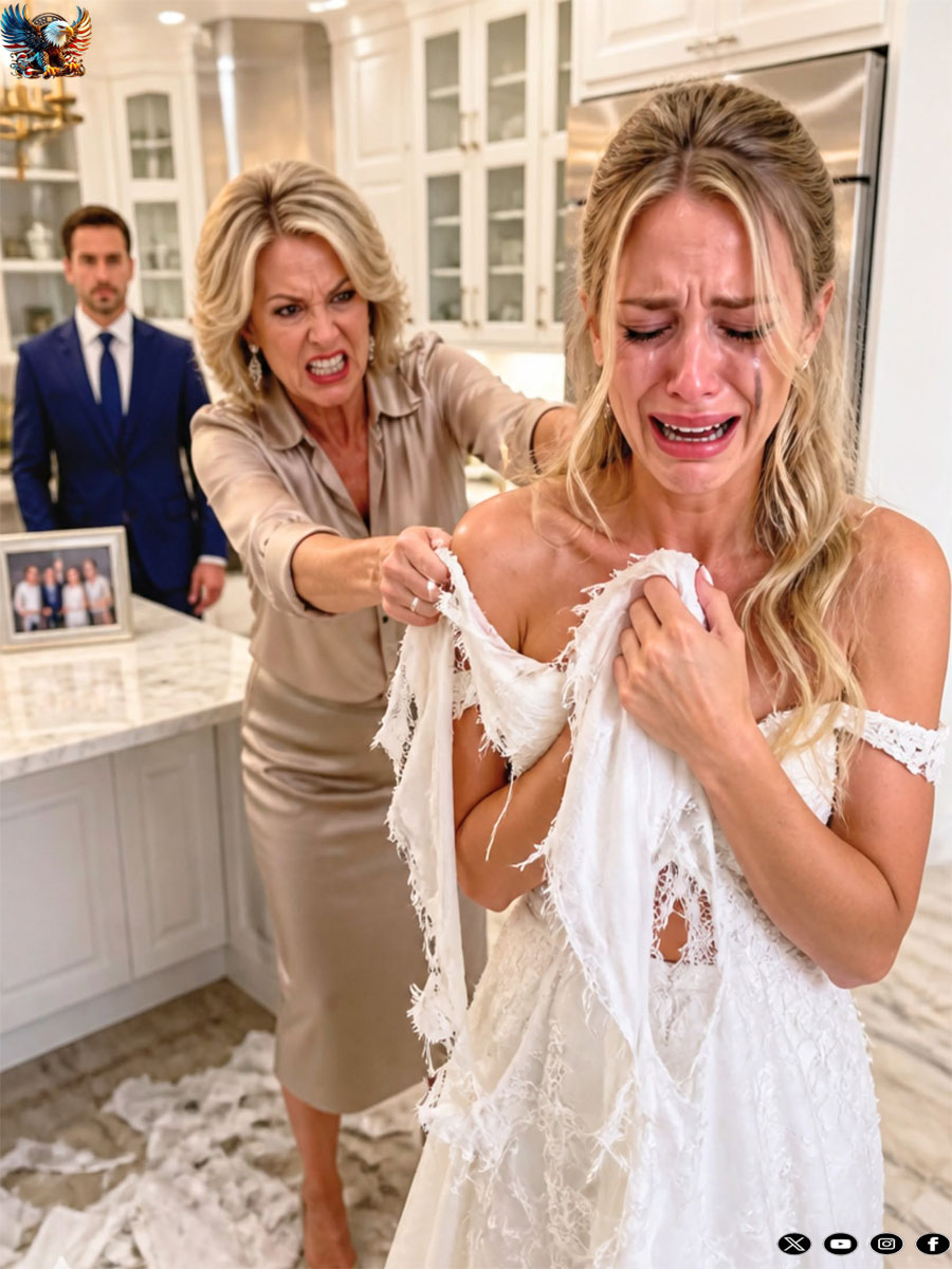 When my mother-in-law tore my white dress in the middle of my kitchen, she screamed, “My son pays for everything in this house!” My husband stood beside her and said nothing.