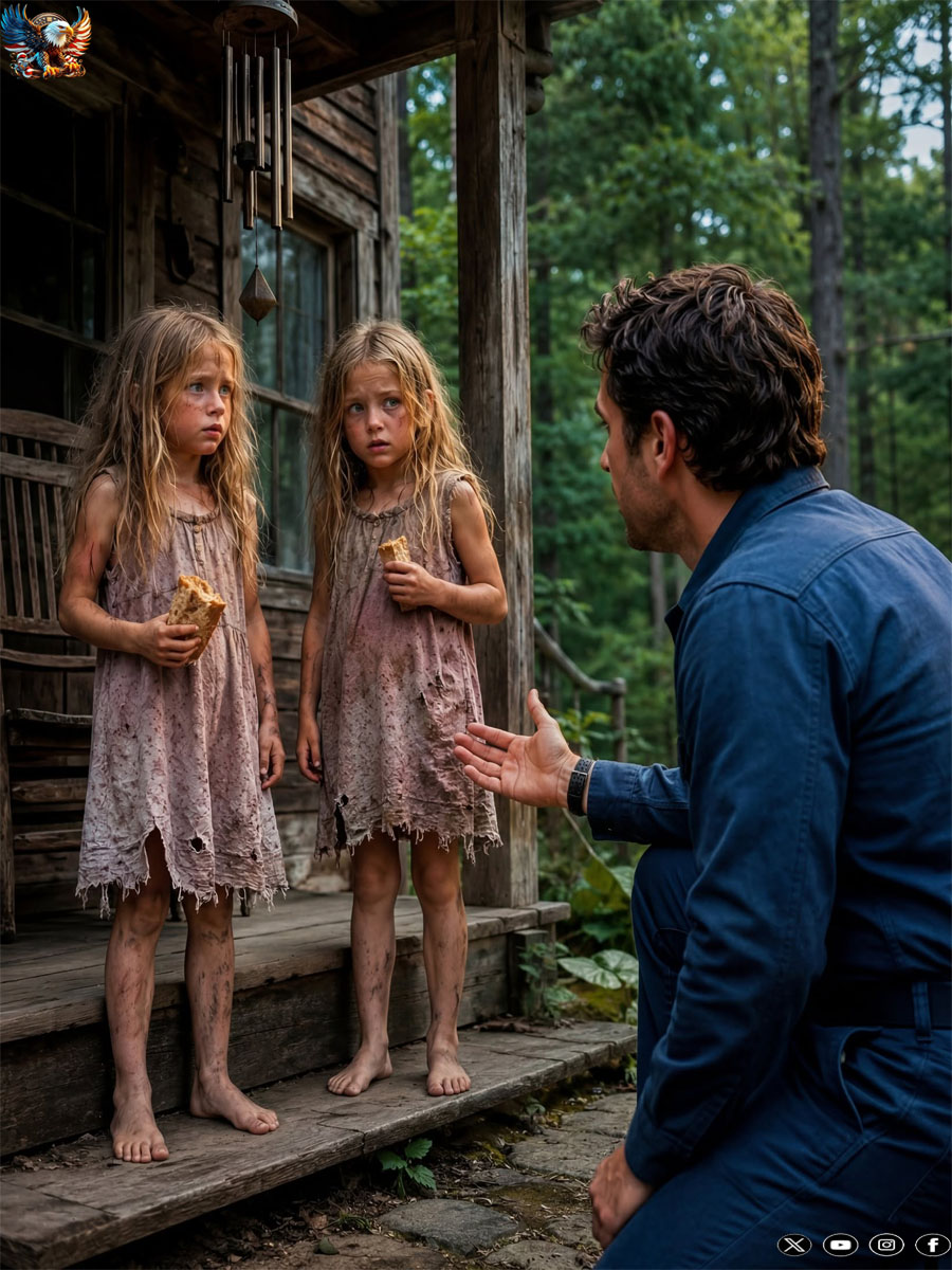 I thought I was driving to my late wife’s mountain house to finally let her go. Instead, I found two abandoned twin girls standing barefoot on the porch, clutching stale bread like it was the last thing keeping them alive. Minutes later, one of them whispered my wife’s name… and led me toward a hidden trail only Olivia had ever known.