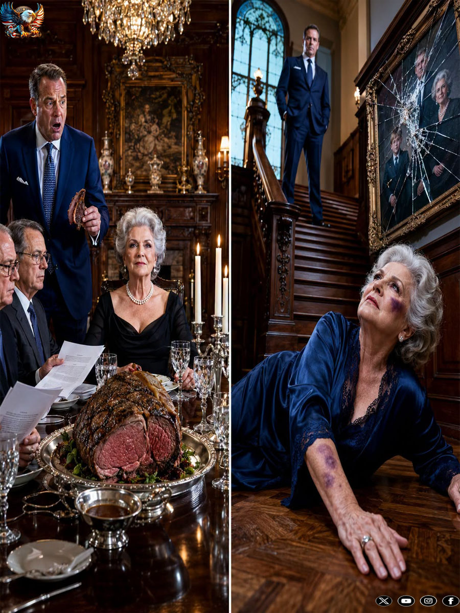 He shoved me down the grand staircase, leaving me bruised on the floor while threatening to destroy my house. Exactly twenty-four hours later, I served him an exquisite dinner of prime rib with antique glassware, and a notarized legal document that transformed his arrogant smile into pure panic.