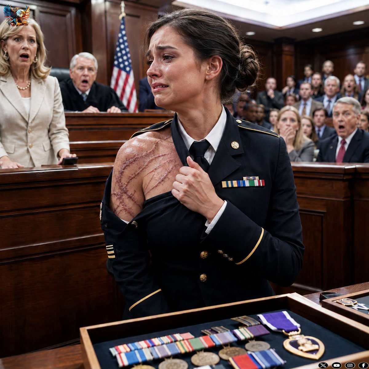 They called me a liar in front of a packed courtroom, and my own mother made sure everyone believed it. With one hand on the Bible, she looked the judge in the eye and said, “She was never a soldier. She faked the scars, the medals, all of it.” The room turned cold as every face shifted toward me with disgust. Then the courtroom doors opened, and the man stepping inside made my mother’s smile vanish.