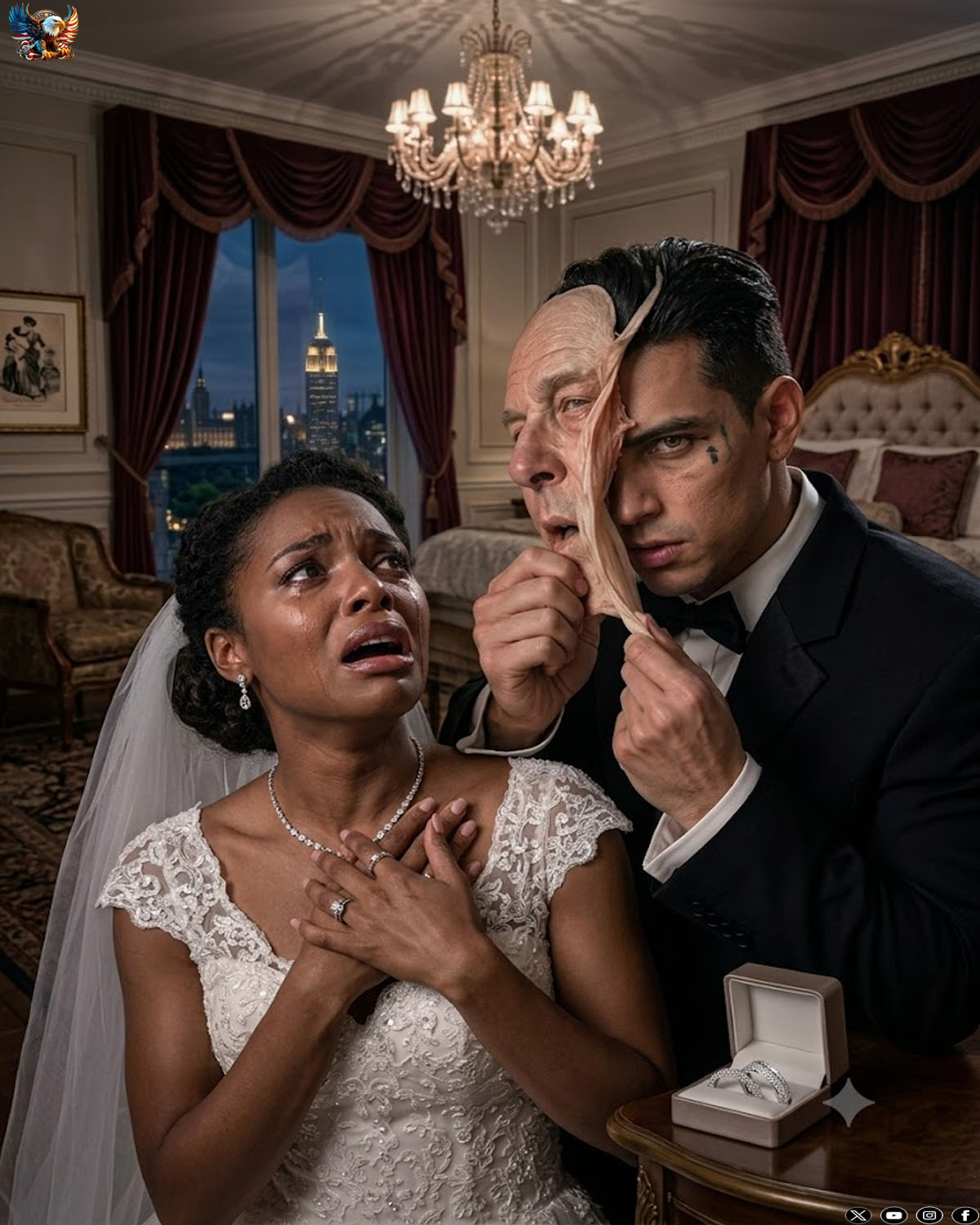 Because my family was drowning in debt, they sold me into marriage with a wealthy old man I had never even met. On our wedding night, I stood trembling as he locked the bedroom door behind us. “Please… don’t hurt me,” I whispered. Instead of answering, he smiled, grabbed the loose skin around his jaw, and slowly peeled away an impossibly realistic mask. The frail old man disappeared. A young, striking stranger looked back at me. “Calm down,” he said quietly. “I didn’t marry you. I married your family’s downfall.”