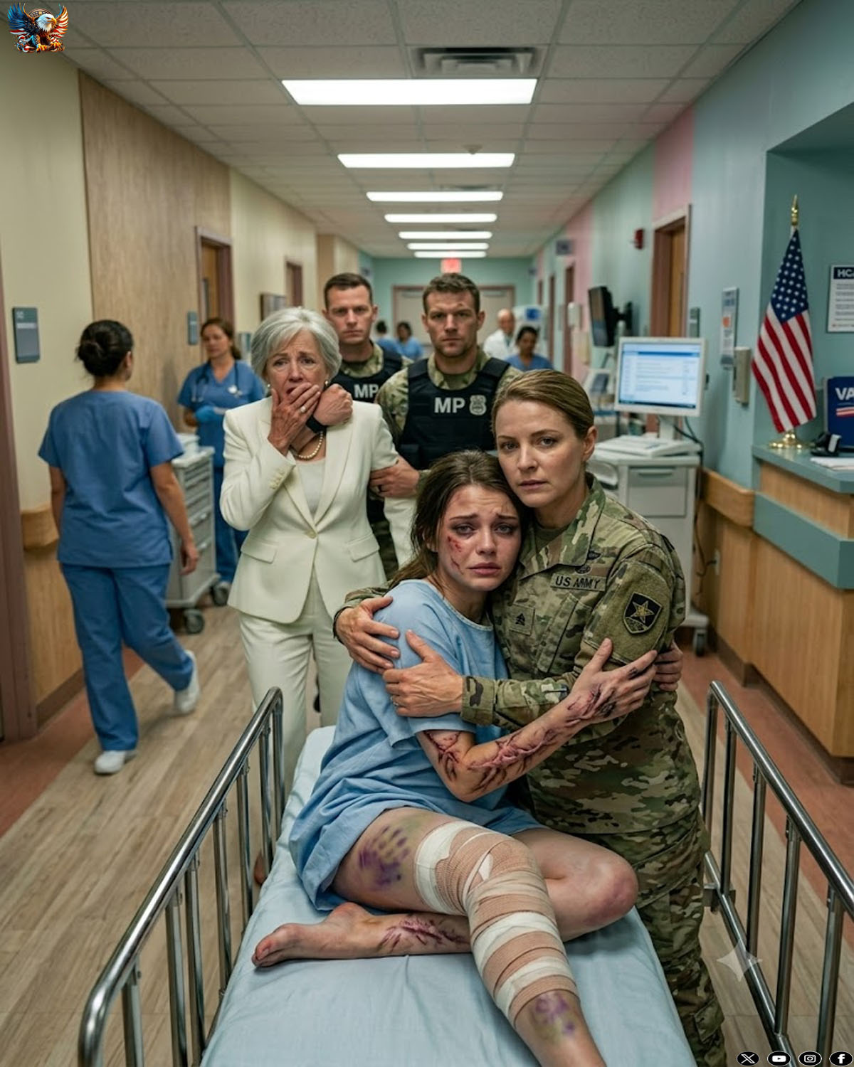 My daughter lay in a hospital bed, covered in finger-shaped bruises. “They locked me in the guest house and beat me,,” she sobbed. Her arrogant billionaire husband and his mother stood in the doorway, laughing. “She fell. She’s just being dramatic,” the mother-in-law sneered. She looked at my Army uniform with pure disdain. “We control the state government. Your military rank means nothing to us.” I didn’t scream. I just looked at the monsters who beat my child and pulled out my phone. 30 minutes later, their entire empire burned to hell.