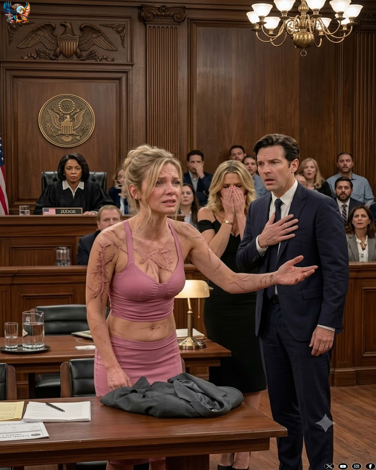 At our divorce hearing, my husband presented fake psych reports to steal my assets. “You’ll be starving on the street,” he laughed, holding his mistress’s hand. He thought I was just a broken, silent victim. I didn’t argue or cry. I calmly unbuttoned my silk blouse. When they saw what covering my chest and arms, the judge gasped. The entire courtroom went dead silent. “Your Honor,” I whispered, staring at my husband. “This is no longer a divorce hearing. It’s the trial of the darkest secret you believed would stay buried forever.” My husband’s smile turned into pure terror…