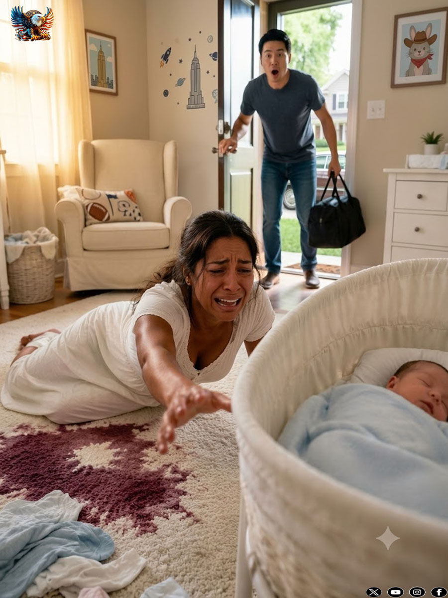 My husband left me bleeding on the nursery floor beside our newborn son while he toasted his birthday at a luxury resort. Three days later, he came home to an empty crib—and a truth that destroyed everything he thought he controlled.