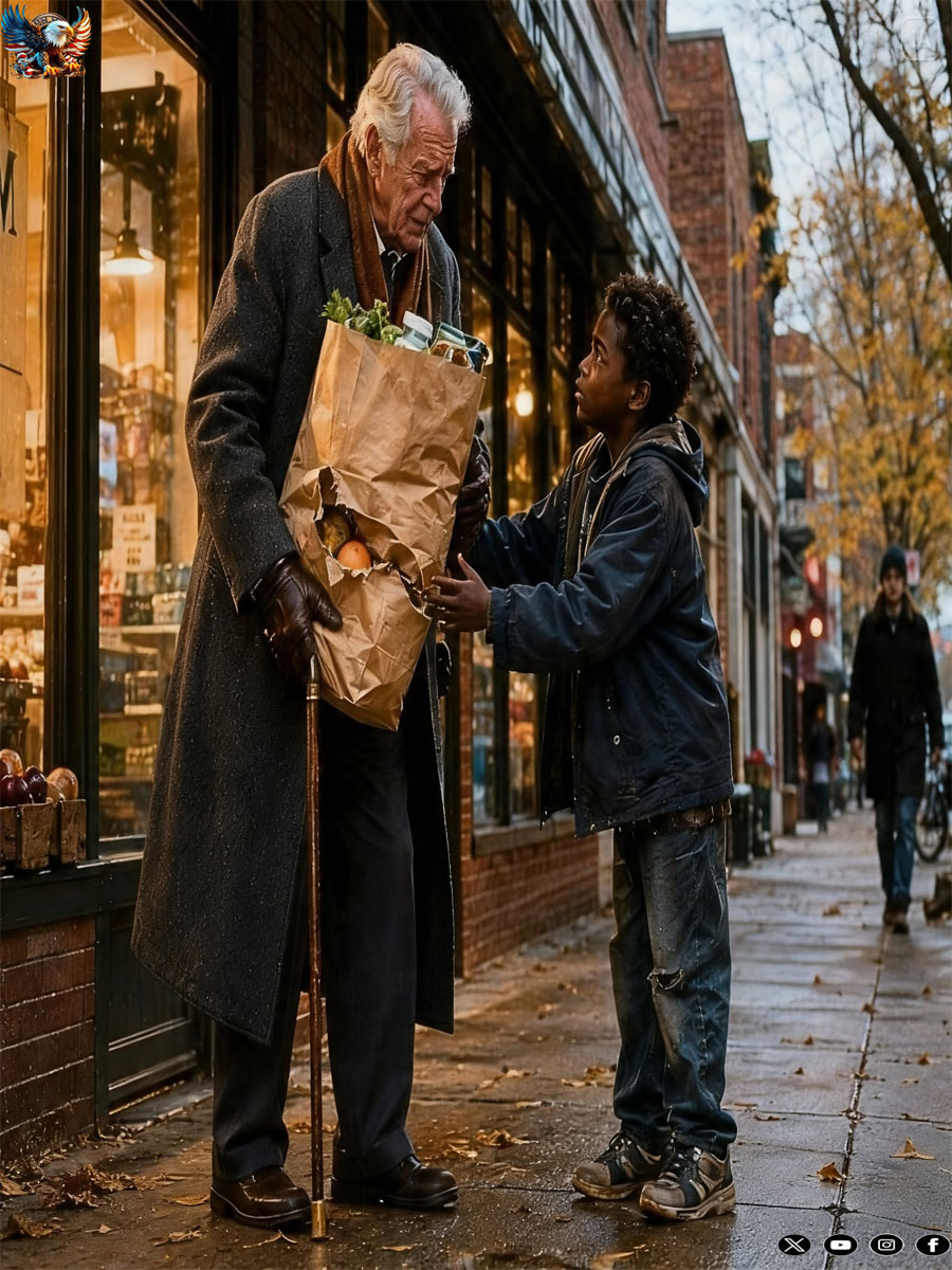 THE STARVING 10-YEAR-OLD BOY ONLY STOPPED TO HELP AN OLD MAN WITH A TORN GROCERY BAG, NEVER KNOWING THE STRANGER IN THE GRAY COAT WAS A BILLIONAIRE WHO WOULD CHANGE THE REST OF HIS LIFE