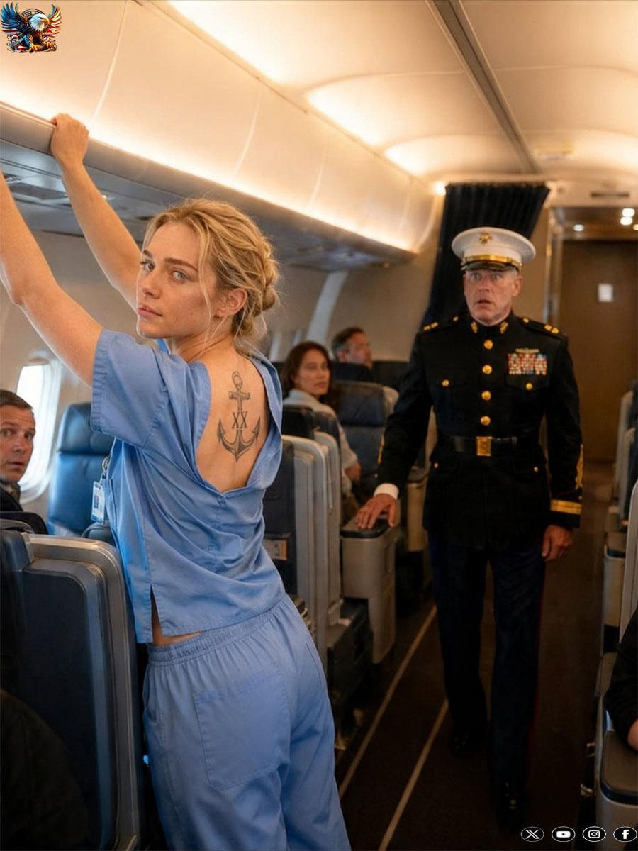 SHE SAT IN FIRST CLASS IN SCRUBS—THEN A MARINE COMMANDER RECOGNIZED THE TATTOO THAT CHANGED EVERYTHING