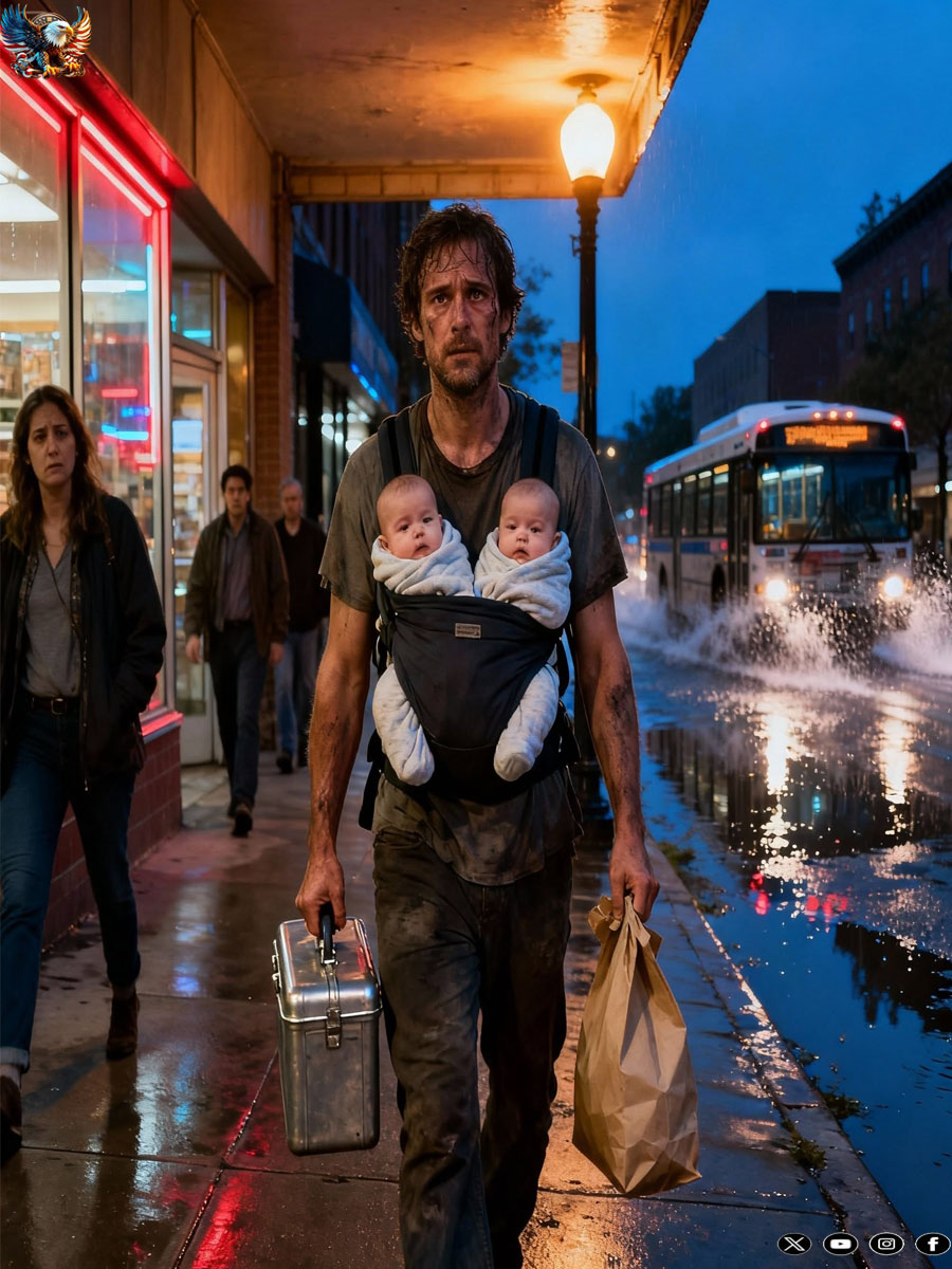 He was just a tired father, walking home with a toolbox in one hand, groceries in the other, and two infants strapped to his chest after their mother abandoned them.