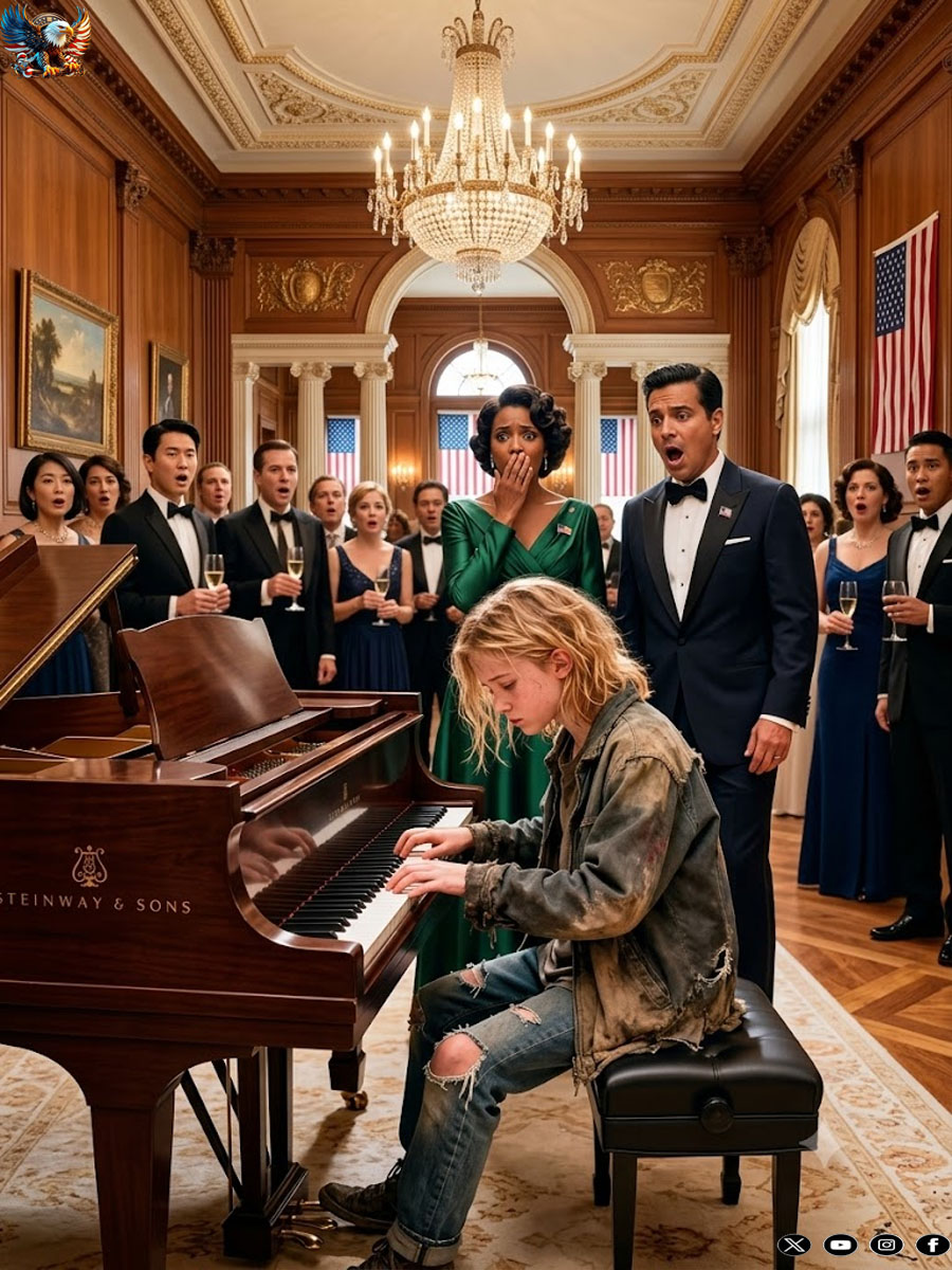 A very thin, homeless girl was being escorted toward the exit of a luxurious charity gala by two security guards. She glanced at the piano and shouted, “Can I play the piano in exchange for a plate of food?”
