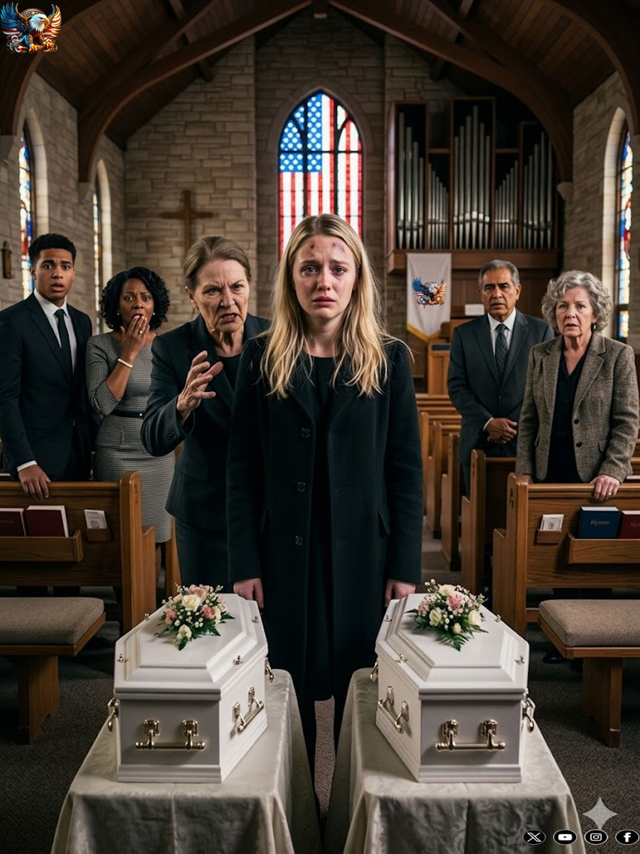 At the funeral of my twin babies, while their tiny coffins lay before me, my mother-in-law leaned in and hissed with contempt: “God took them because He knew what kind of mother you were.” Broken in tears, I snapped: “Can you please just be quiet… just for today?” That was when she slapped me, slammed my head against the coffin, and whispered: “Keep quiet, or you’ll join them.” But what happened next… no one saw coming.