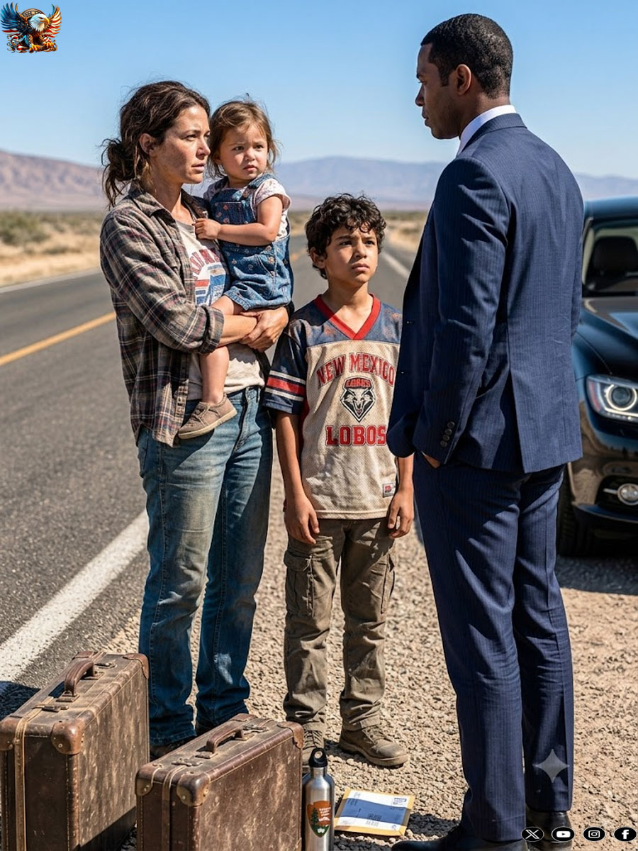 I was standing on the side of a deserted highway with two hungry children, two broken suitcases, and no way home when a billionaire’s black sedan stopped in front of me. I asked him for work—anything that could feed my kids. His answer made my whole world stop: “I can give you a home, security, and a name. But the position is my wife.”