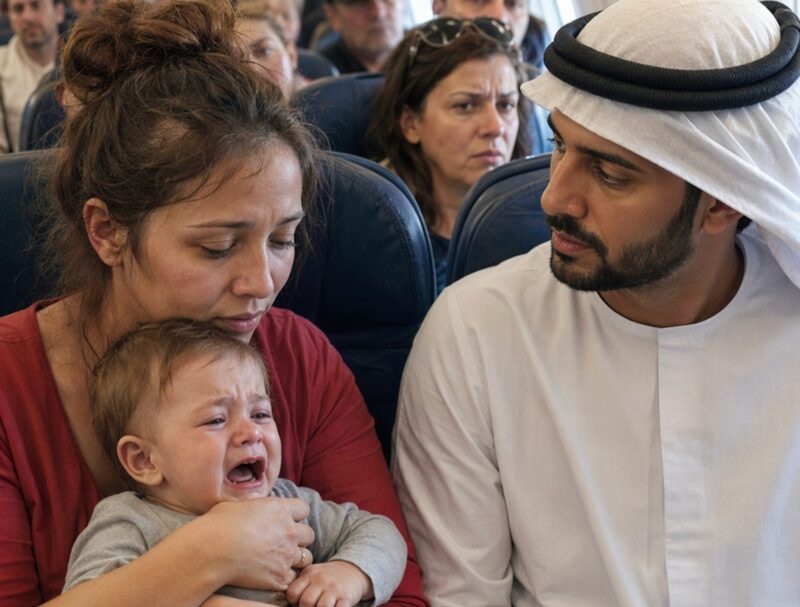 During a long flight, a child cried nonstop, disturbing all the passengers, while the poor mother tried in vain to calm him; an influential sheikh, with a displeased expression, watched them for a long time—and then suddenly did this…