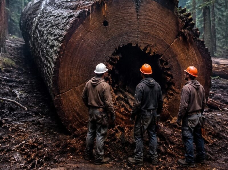 Workers cut down a huge ancient tree and discovered something unusual and terrifying inside its trunk