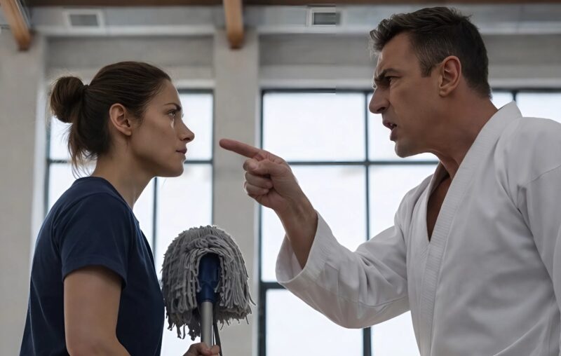 A black belt karateka shouted at a simple cleaner and tried to humiliate her in front of all the athletes, but one action from the girl shocked the entire hall