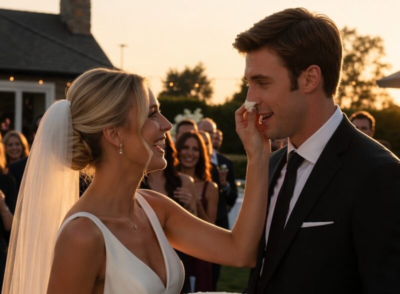 During the cutting of the wedding cake, the bride jokingly smeared some cream on the groom’s face, but he suddenly got angry and hit her — what the bride did next shocked the entire hall