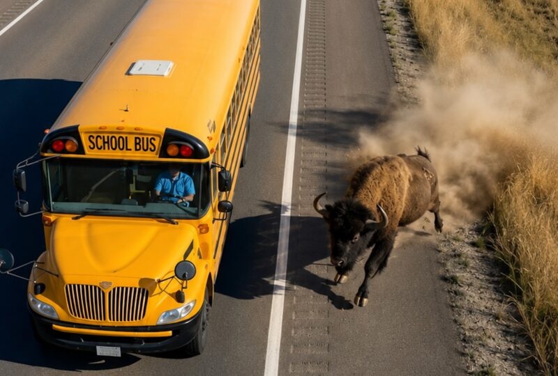A massive bison attacked a school bus: the driver panicked and tried to escape the chase, convinced the animal was rabid, until a few minutes later something happened that left everyone on the bus frozen in shock