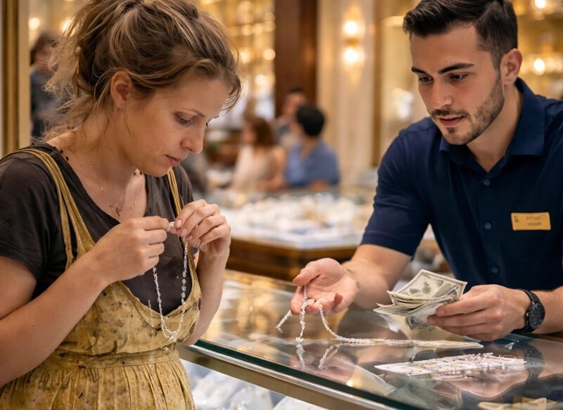 A pregnant woman, driven by desperation, decided to sell her necklace — the only memory she had left of her husband, a police officer who had died during a special operation — but the salesman’s act shocked the entire store