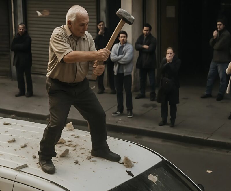 A man was standing on top of a car, smashing it with a sledgehammer: when the police arrived and learned the reason, they were simply shocked